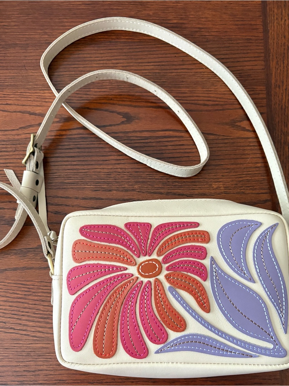 Portland Leather Large Camera Bag, Wildflower pattern, bone color. - Picture 2 of 11